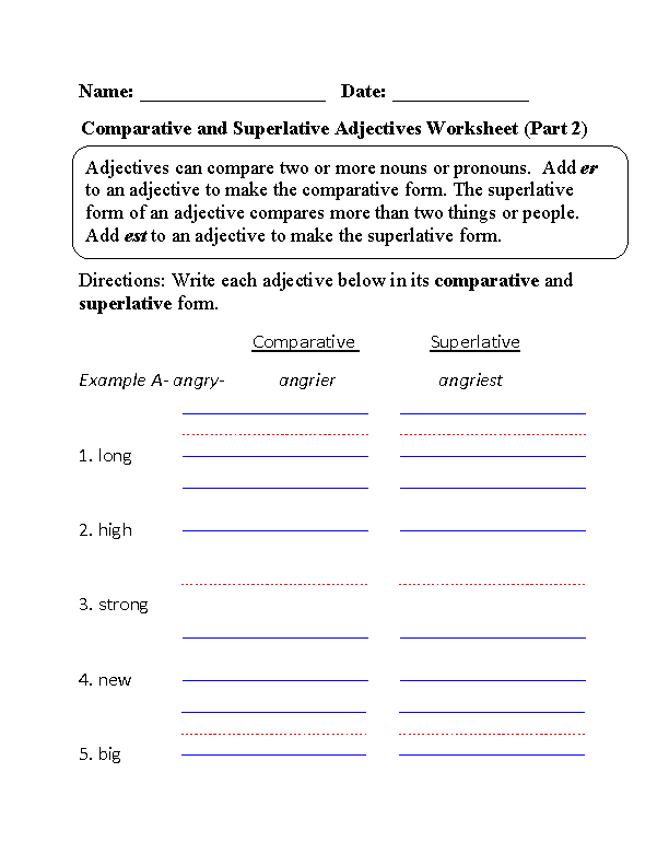 Comparative Adjectives Worksheet 2nd Grade