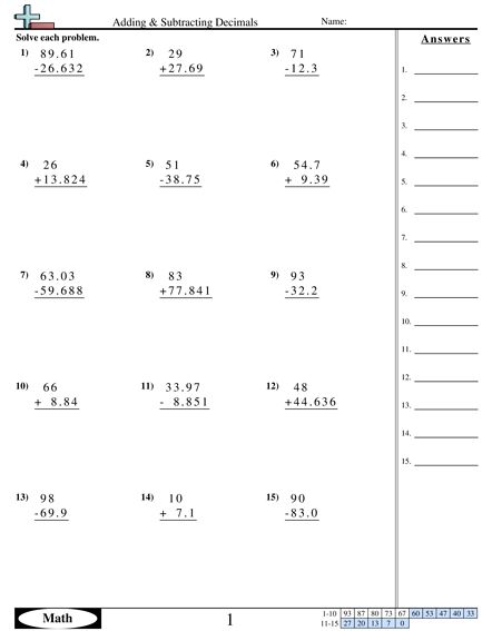 Adding And Subtracting Decimals Worksheets 5th Grade