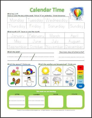 Calendar Worksheets For Kids