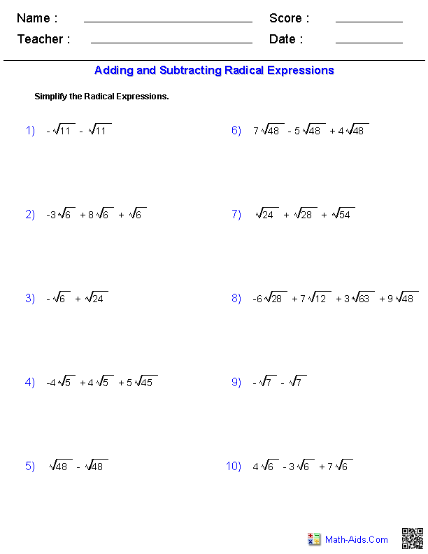 Adding And Subtracting Radicals With Variables Worksheet