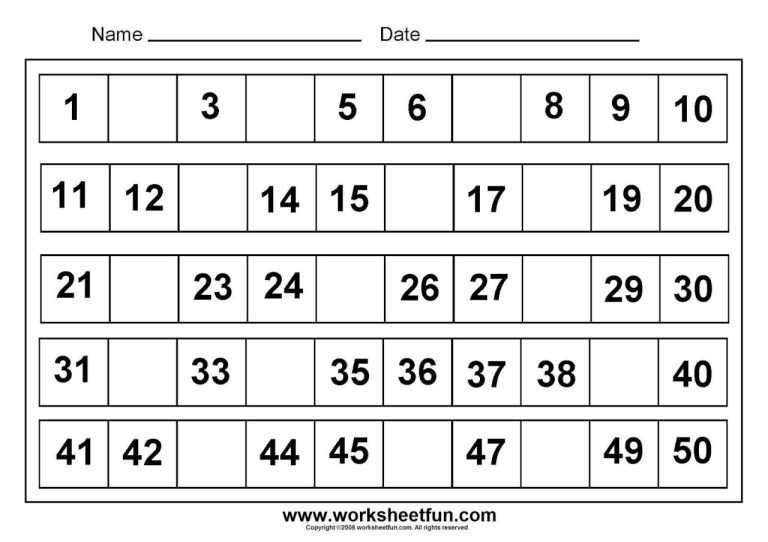 Number Worksheets For Kindergarten 1-50