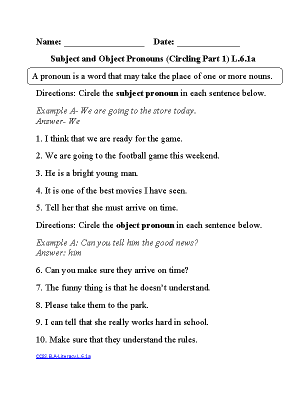 Free Printable Pronoun Worksheets 6th Grade