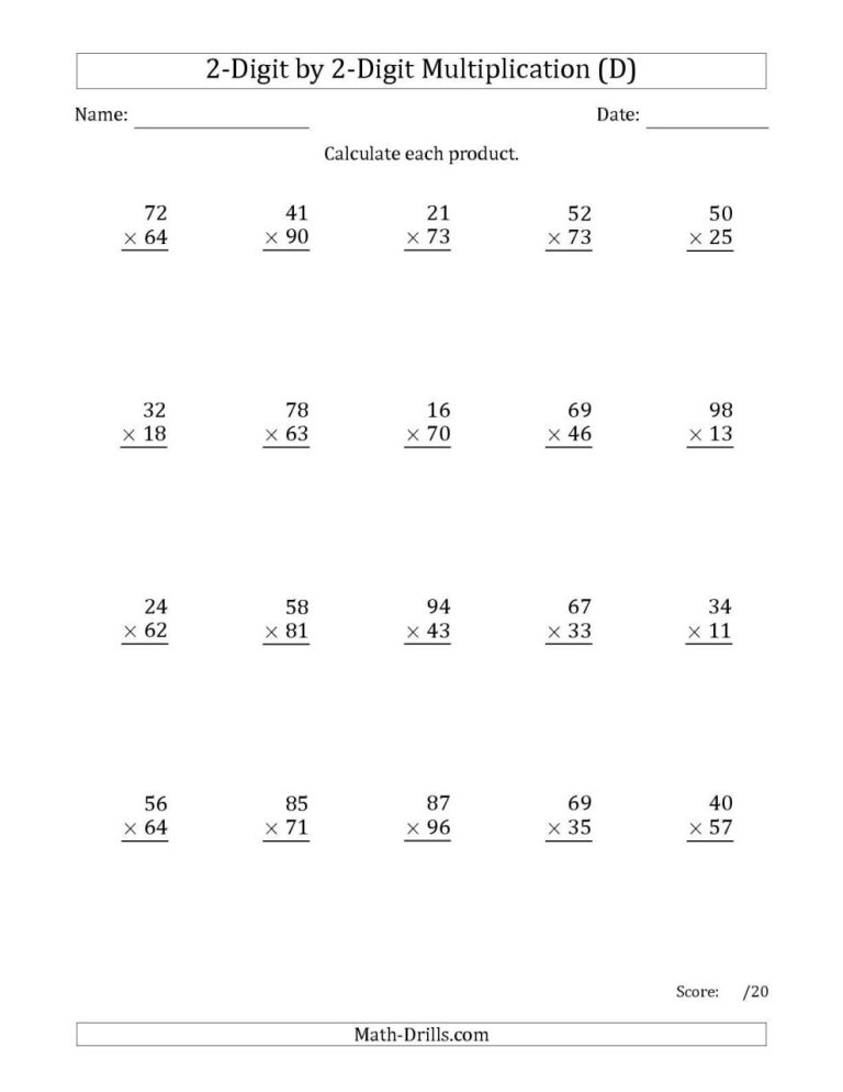 2 Digit By 2 Digit Multiplication Problems