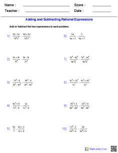 Adding And Subtracting Rational Expressions Worksheet Algebra 2 Pdf