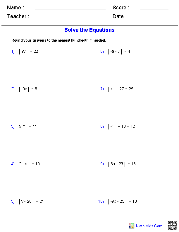 Absolute Value Equations Worksheets With Answer Key