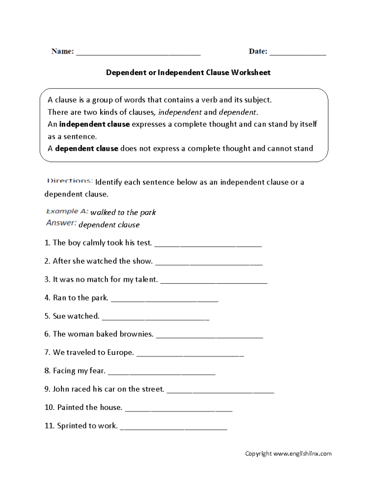 Independent And Dependent Clauses Worksheet