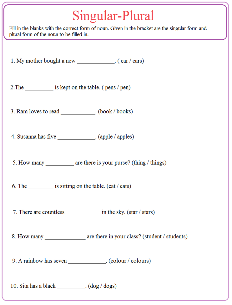 Singular Plural Worksheets With Answers