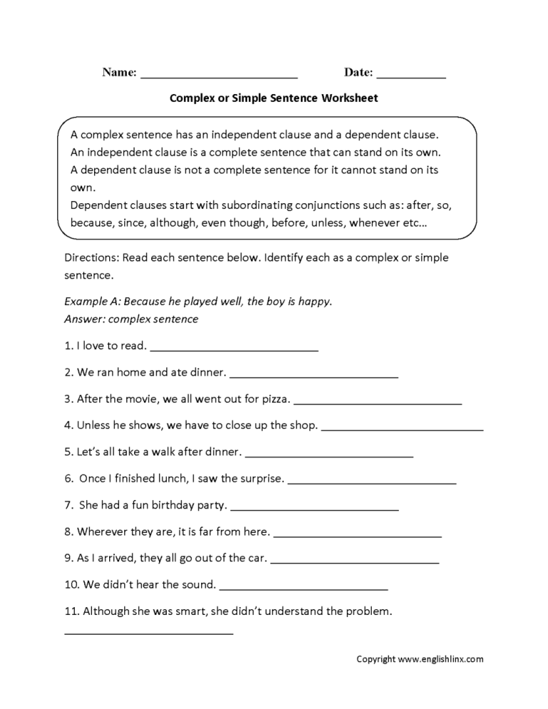 Simple And Compound Sentences Worksheet Grade 6