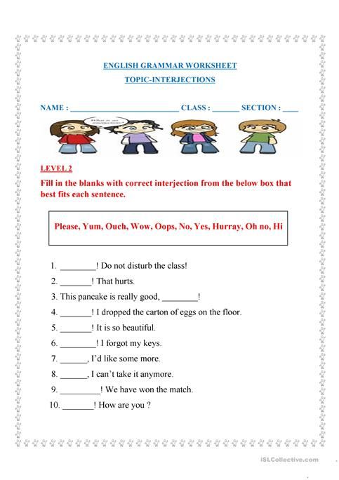 Interjections Worksheet Grade 5