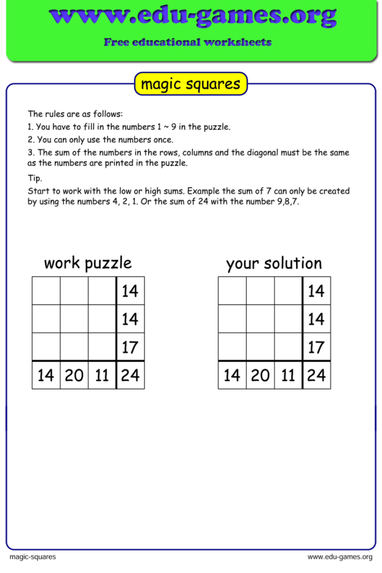 Magic Squares Worksheet Pdf