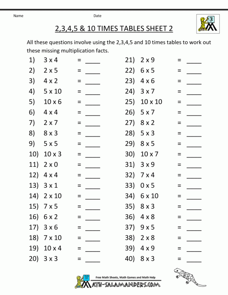 Times Tables Worksheets 5th Grade