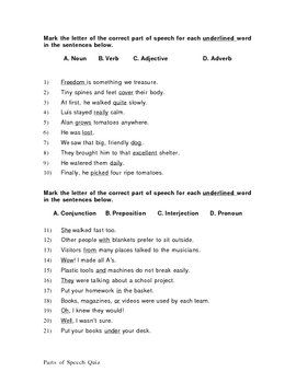 Part Of Speech Worksheet With Answers