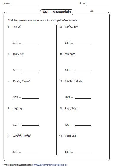 5th Grade Greatest Common Factor Worksheets