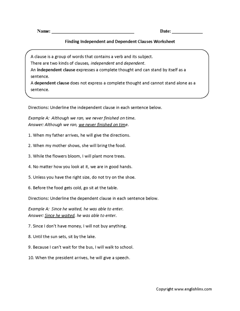 8th Grade Independent And Dependent Clauses Worksheet