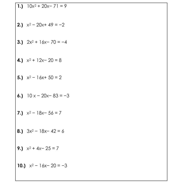 Solving Quadratic Equations By Completing The Square Worksheet Tes