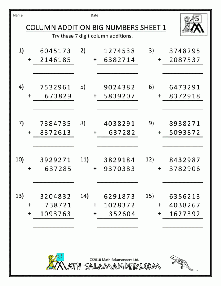 Addition Subtraction Worksheets For Grade 5