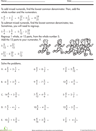 Adding Mixed Fractions With Different Denominators Worksheets