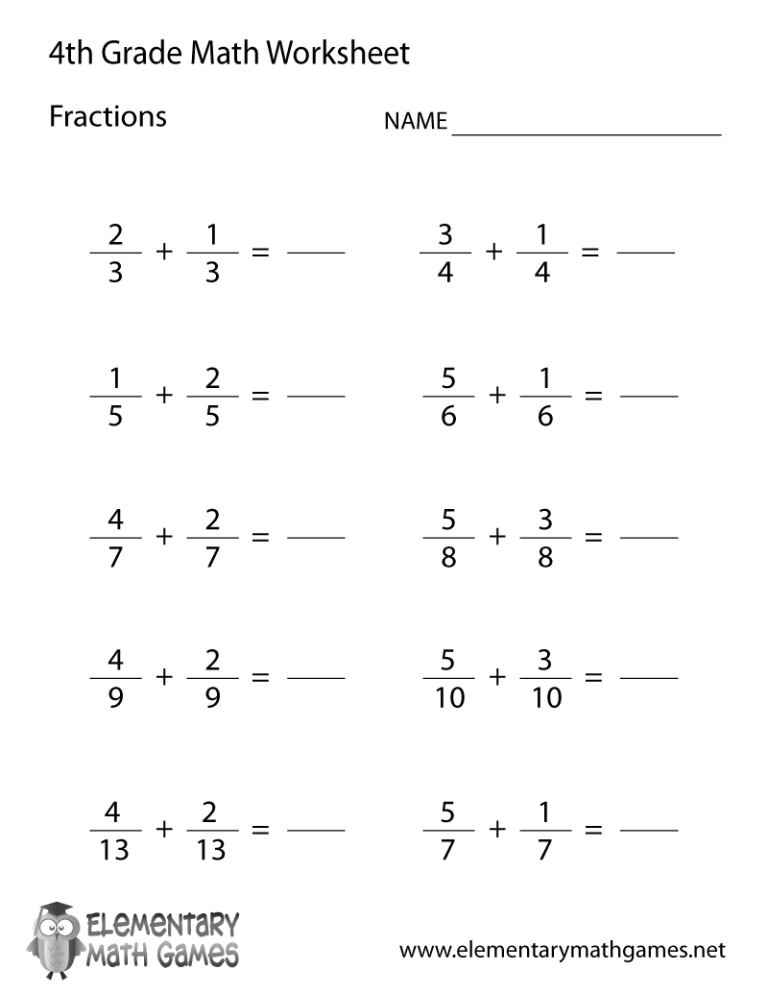 Fourth Grade Math Worksheets Fractions