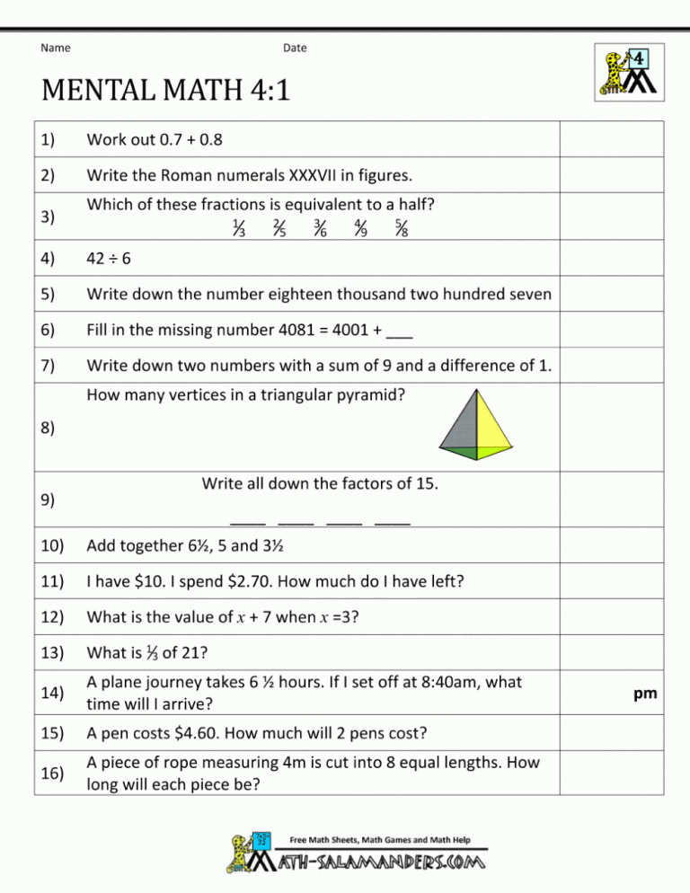 Mental Maths For Class 4 Division