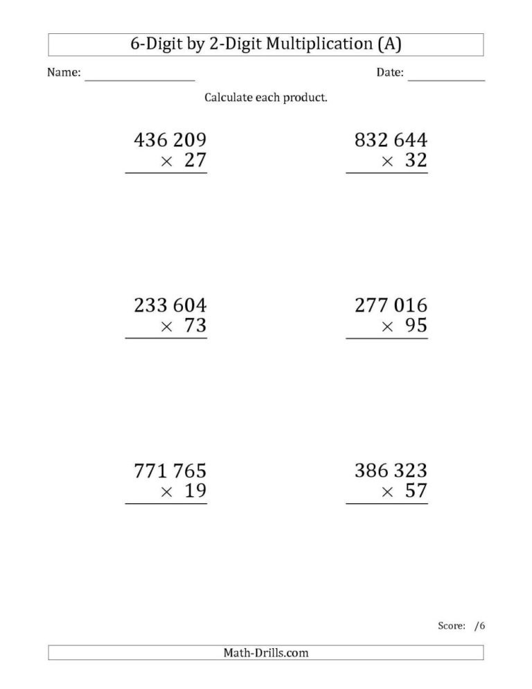 2 Digit Multiplication Worksheets Grade 6