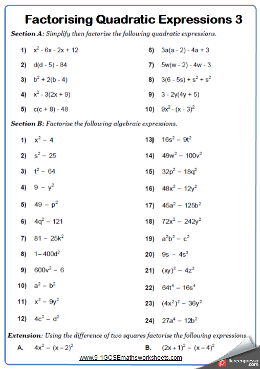 Solving Quadratic Equations Worksheet Gcse