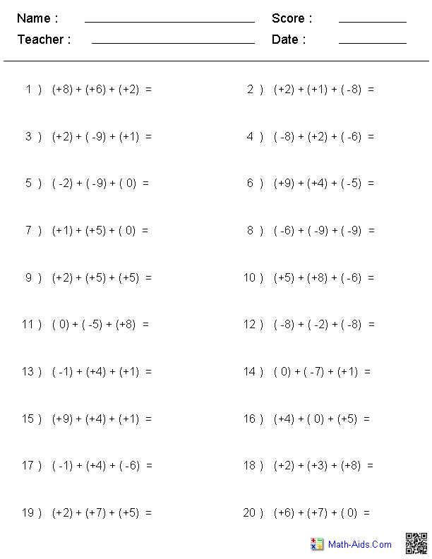 Integers Worksheet Grade 6