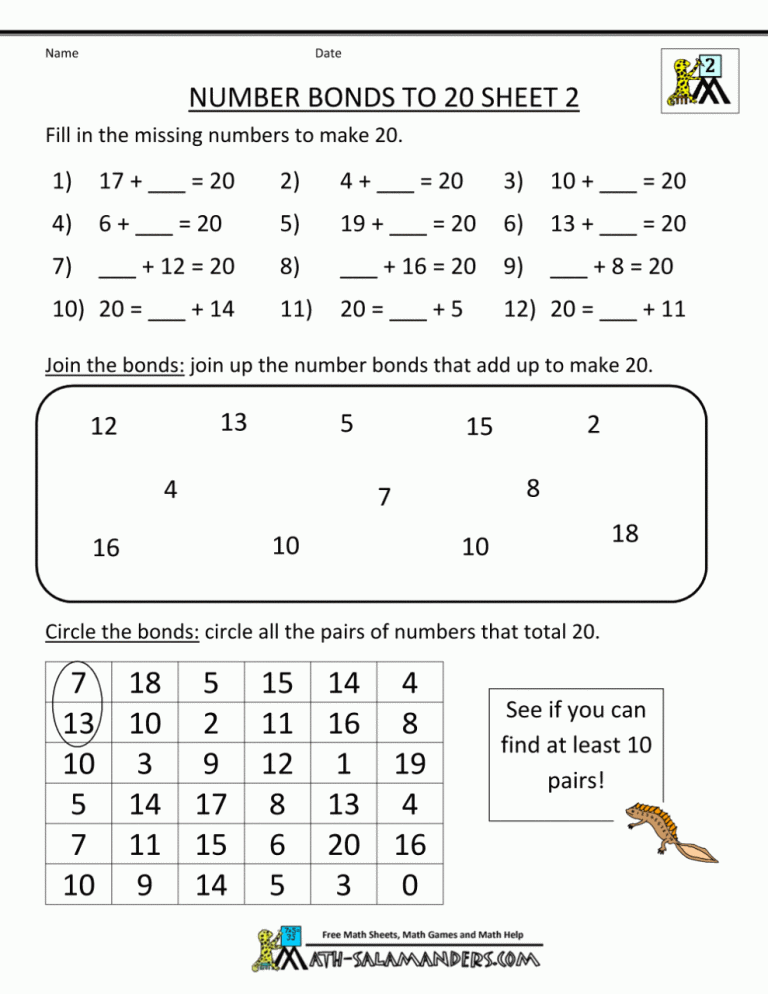 Number Bonds To 20 Worksheet