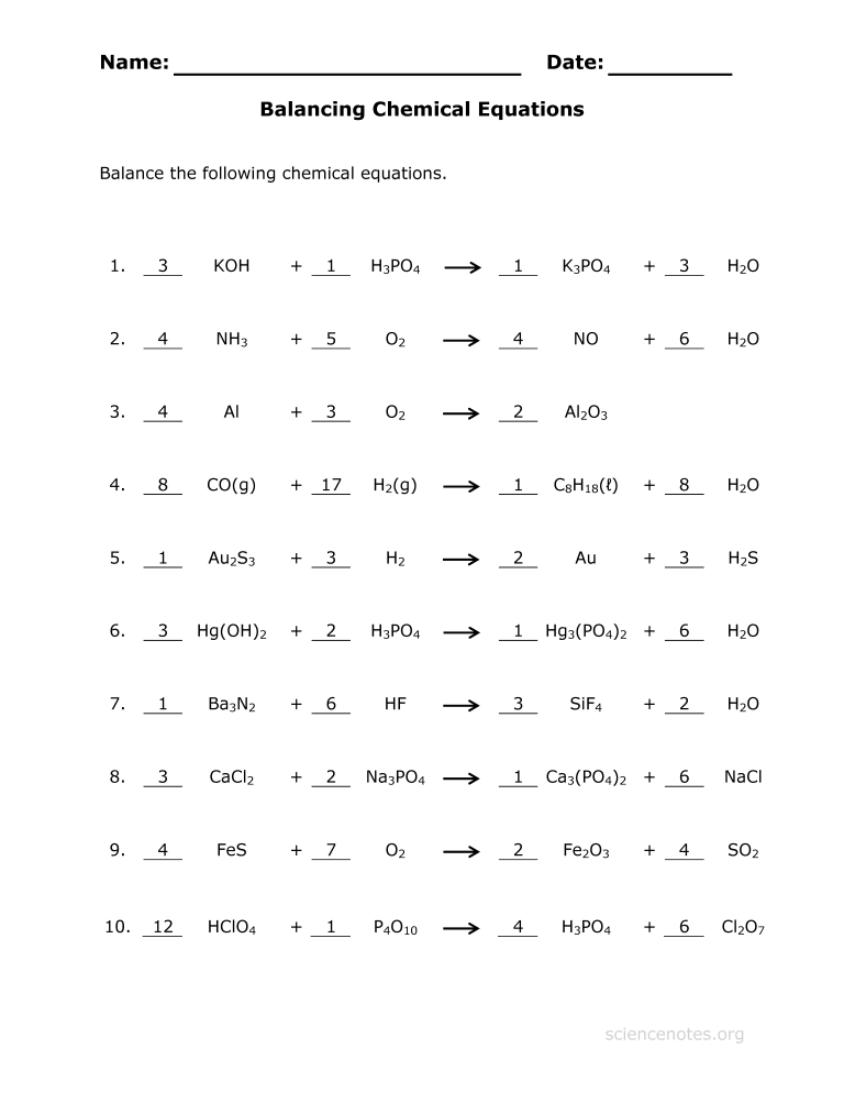 Balancing Equations Worksheet 1 Answer Key