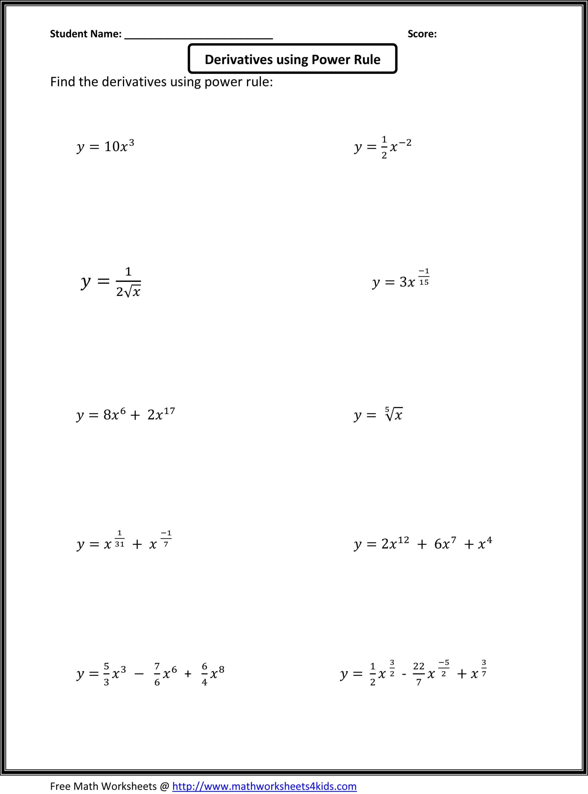 Derivative Worksheet With Answers