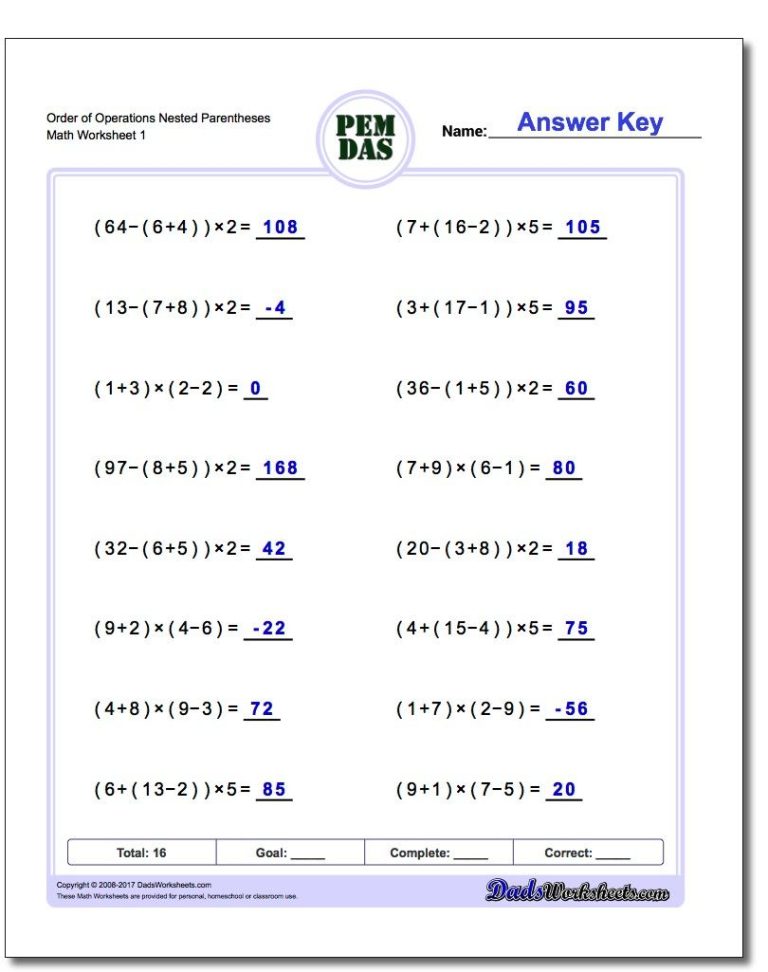 Pemdas Worksheets 6th Grade