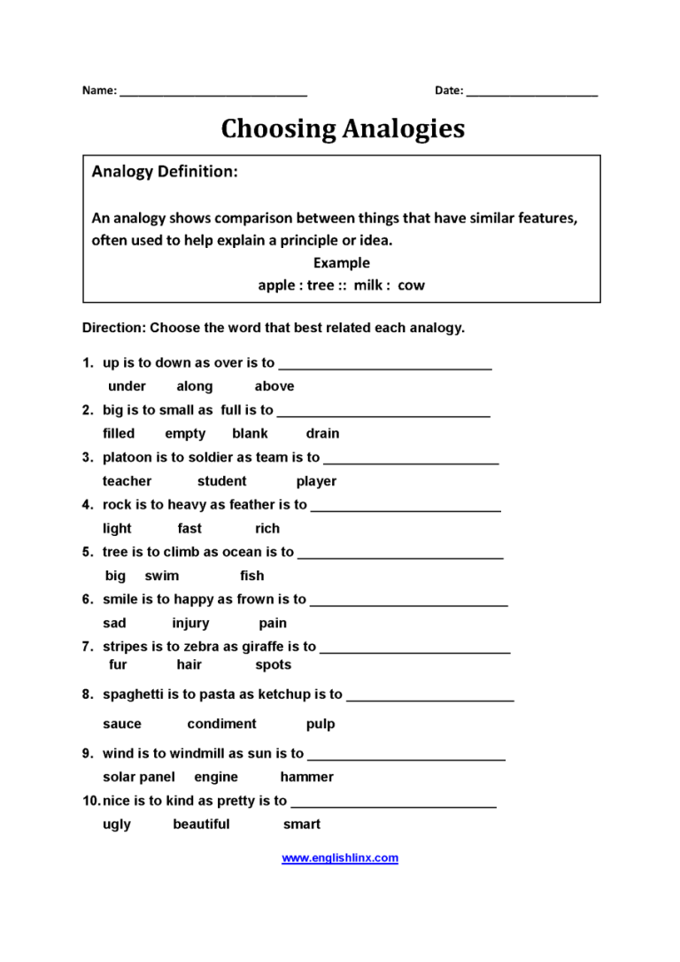 Analogies Worksheet 1 Answer Key