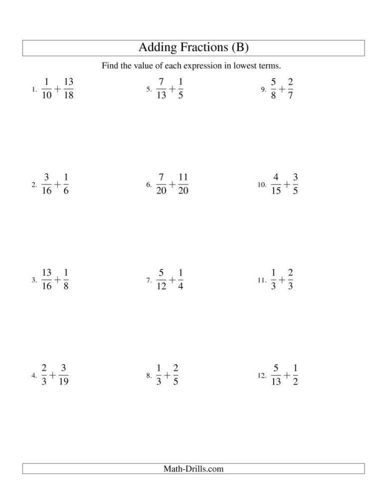 Adding Fractions With Different Denominators Worksheet Year 6