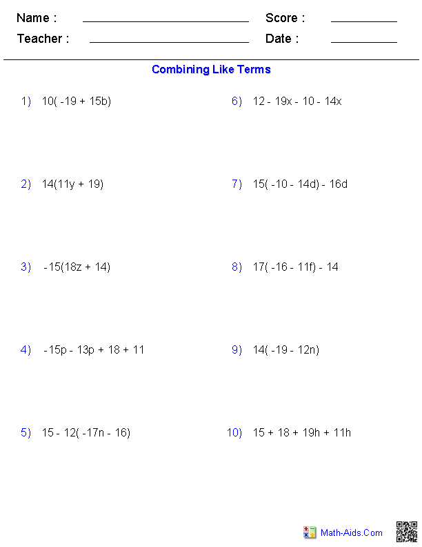 Combining Like Terms Easy Worksheet Pdf