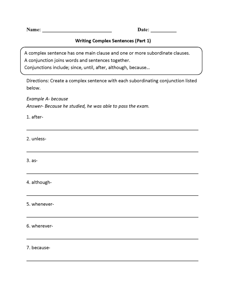 Complex Sentences Worksheet Pdf