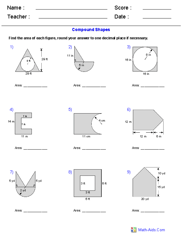 Compound Shapes Worksheet Find The Area Of Each Figure