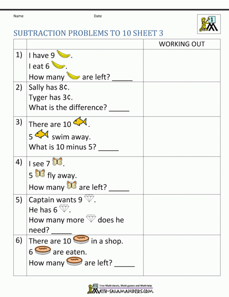 Subtraction Math Problems For 1st Graders