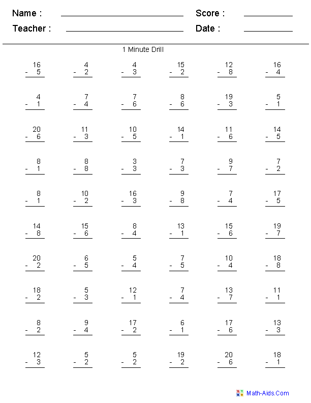 Timed Math Drills Subtraction