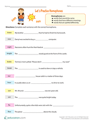 Homophones Worksheet Free