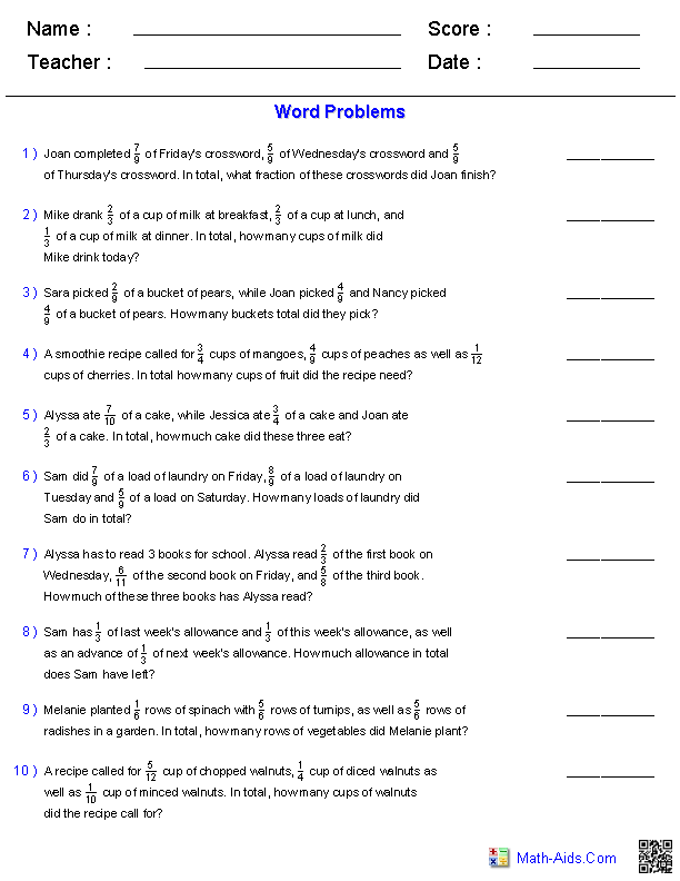 Math Aids Addition Word Problems