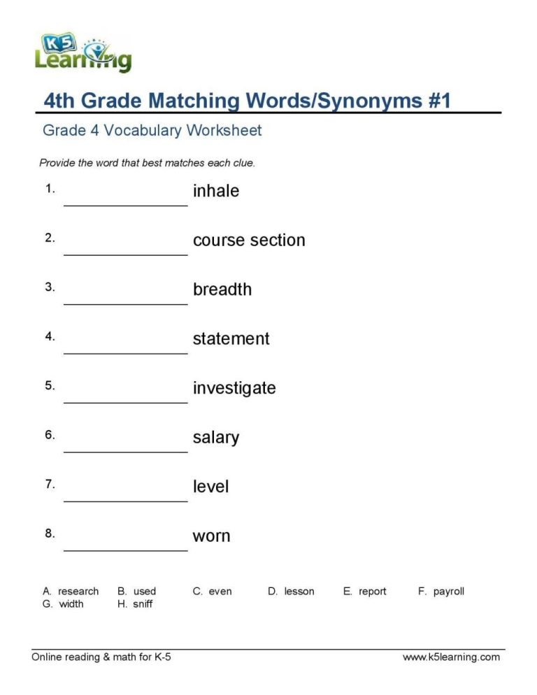 Vocabulary Worksheets Grade 5