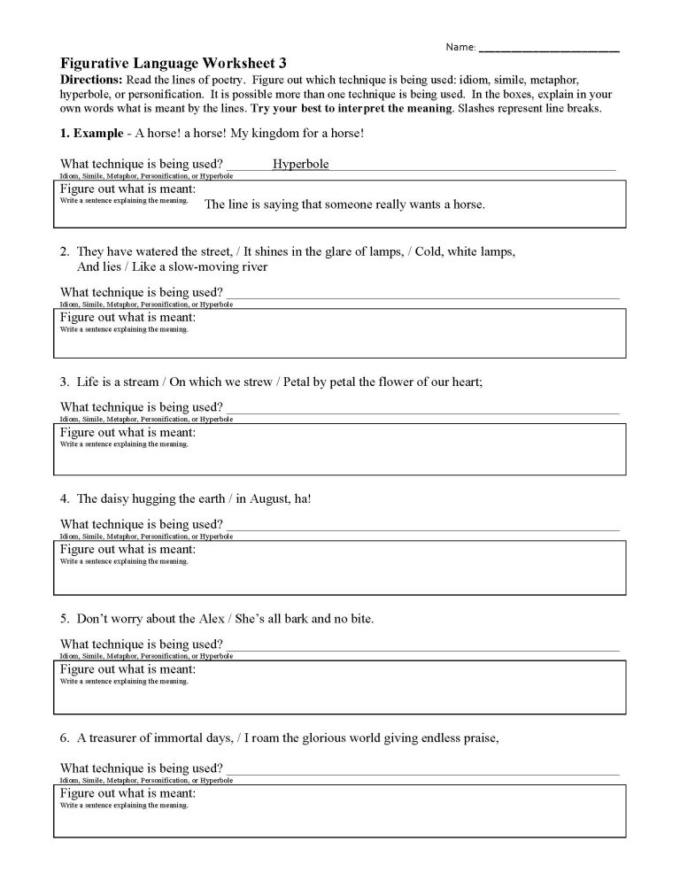 Figurative Language Worksheet 3 Quizlet