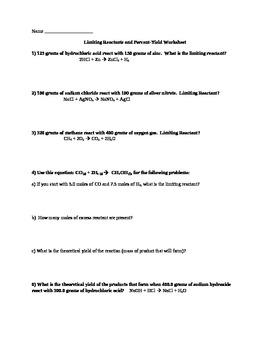 Limiting Reactant And Percent Yield Practice Worksheet Answer Key