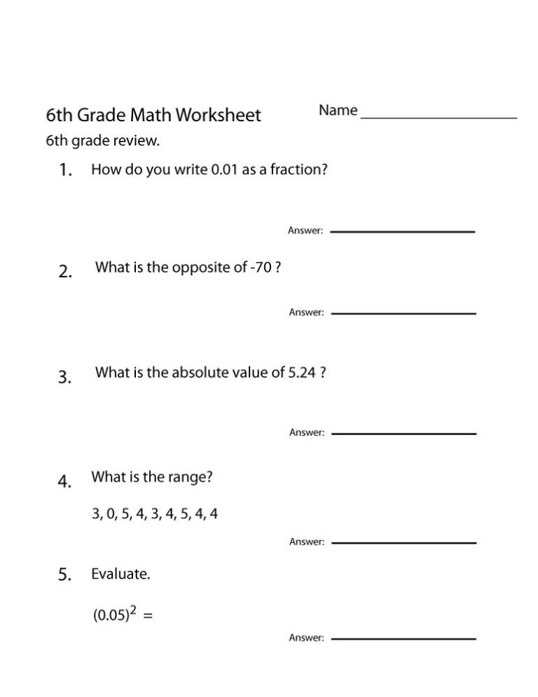 Sixth Grade 6th Grade Math Worksheets Pdf