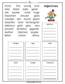 Order Of Adjectives Worksheets With Answers