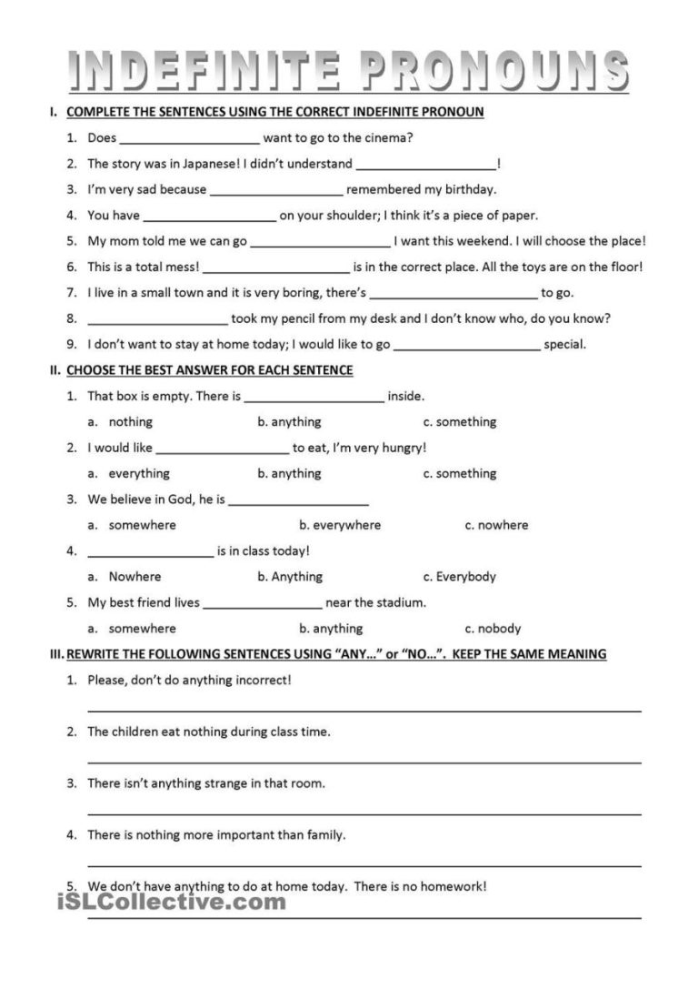 Indefinite Pronouns Worksheet Grade 6