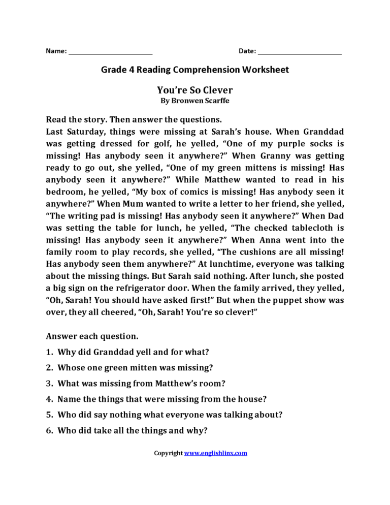 English Worksheets For Grade 4 Comprehension