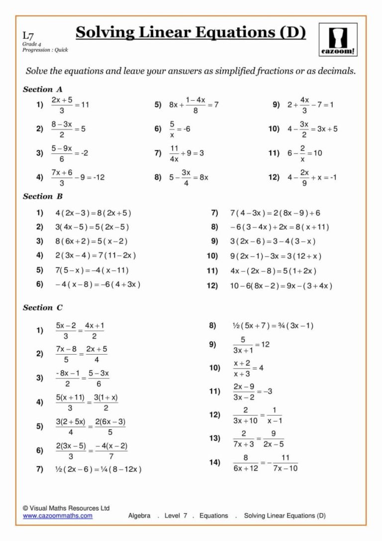 Algebra Worksheets With Answers For Grade 7