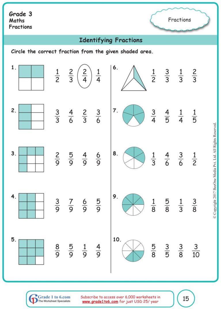 Printable Fractions Worksheets Grade 3