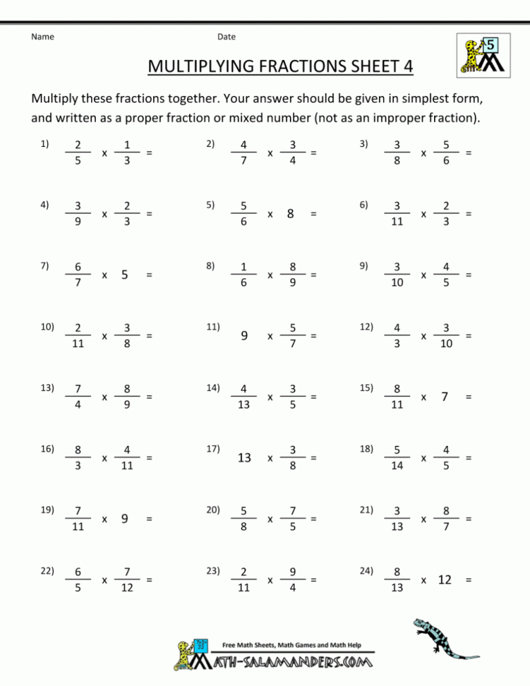 Multiplying Fractions Worksheets Grade 7