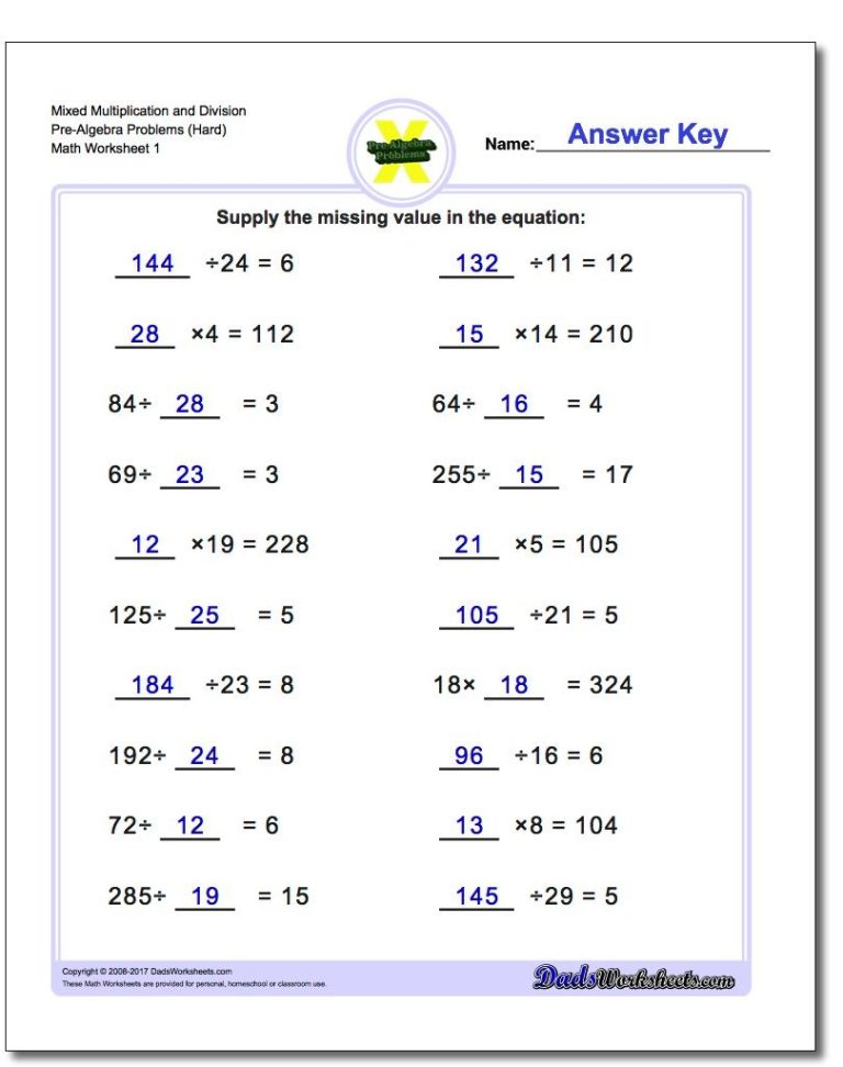 Pre Algebra Worksheets Grade 6